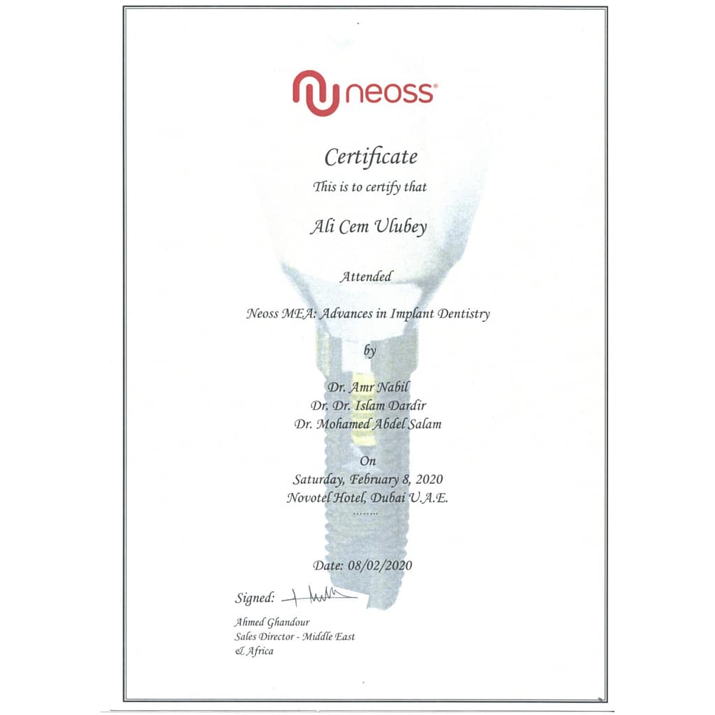 Certificate: Neoss MEA Advances in Implant Dentistry, Dubai, 8 February 2020, Dr. Ali Cem Ulubey, DDS