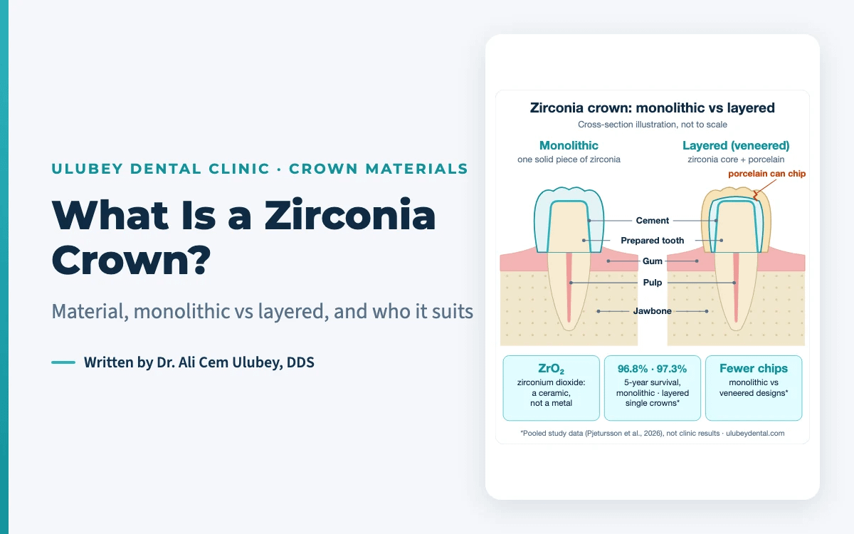 Featured image: what is a zirconia crown, with a monolithic vs layered crown diagram