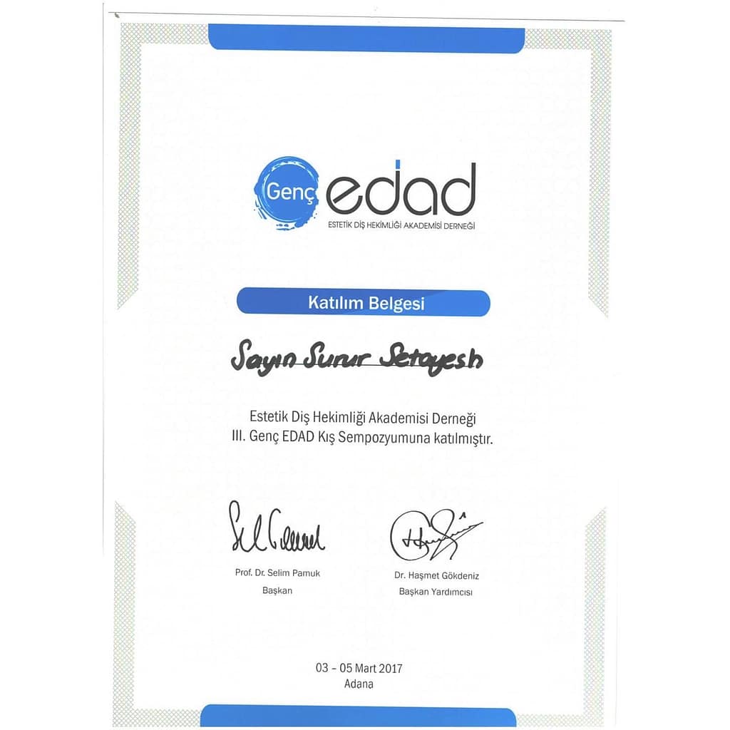Dr. Surur Ulubey — Genç EDAD Aesthetic Dentistry Symposium certificate, Adana (2017)