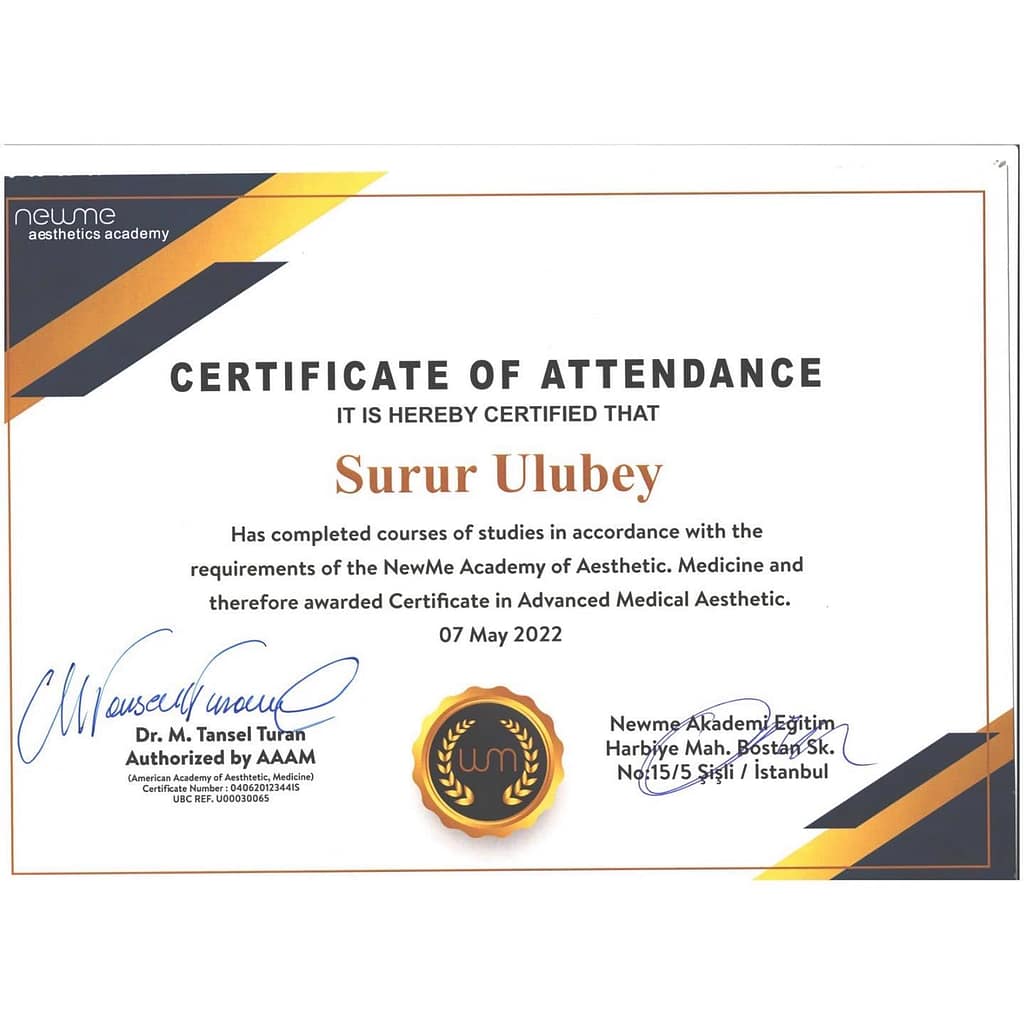 Dr. Surur Ulubey — NewMe Aesthetics Academy Advanced Medical Aesthetic certificate (2022)
