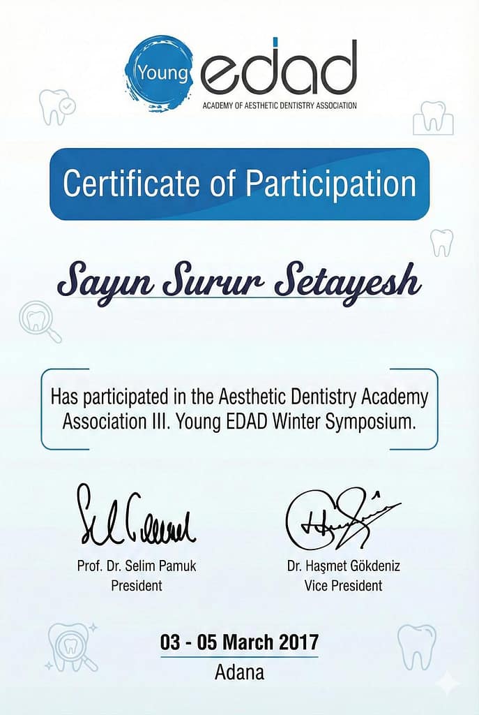 Dr. Surur Ulubey — Aesthetic Dentistry Academy Association certificate, Young EDAD Winter Symposium